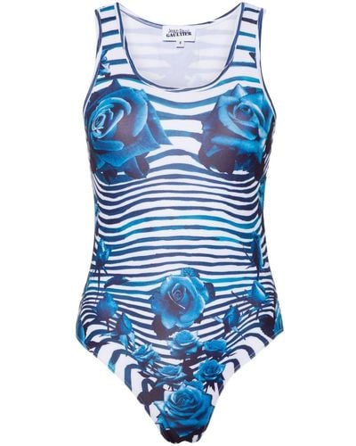Jean Paul Gaultier Flower Morphing Bodysuit Donna White In Polyester - Blue