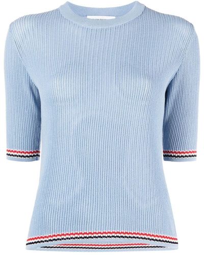 Thom Browne Rwb-trim Pointelle-knit Top - Blue