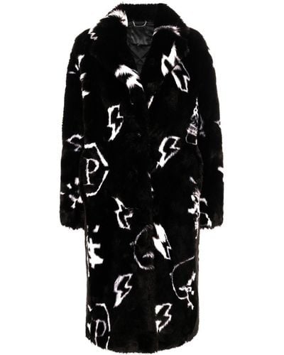 Philipp Plein Monogram Faux Fur Coat - Black