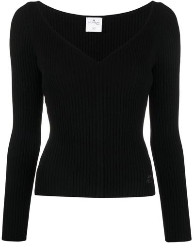 Courreges V-neck Ribbed Sweater - Black