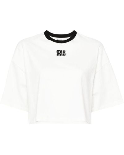 Miu Miu T-shirt en coton à logo brodé - Blanc