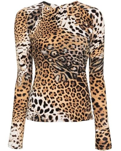 Roberto Cavalli Jaguar Skin-print Cut-out Blouse - Brown