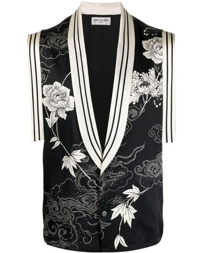 Saint Laurent Floral Embroidered Silk Waistcoat - Black