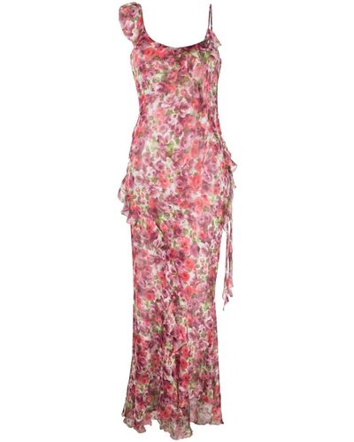 Alessandra Rich Long Floral Dress With Ruffles - Red