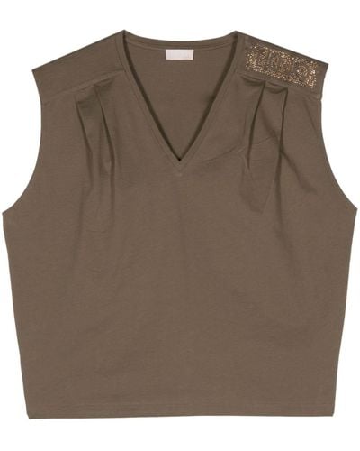 Liu Jo Crystal-embellished Pleat-detail T-shirt - Brown