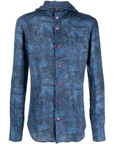 Kiton Botanical-print Hooded Shirt - Blue