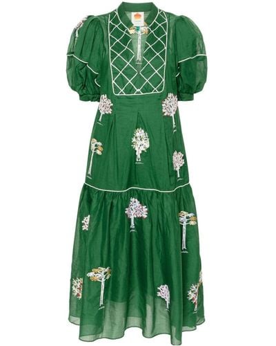 FARM Rio Trees-embroidered Cotton Midi Dress - Green