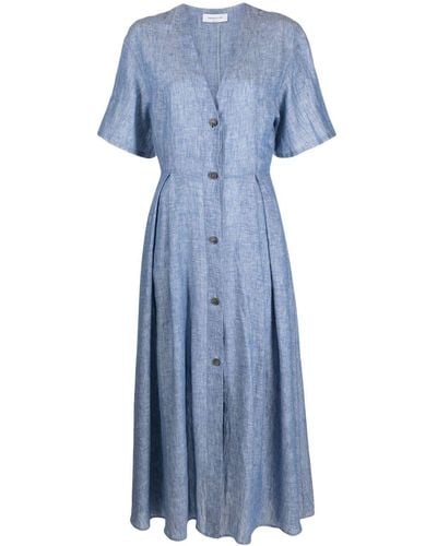 Fabiana Filippi V-neck Chambray Linen Midi Dress - Blue