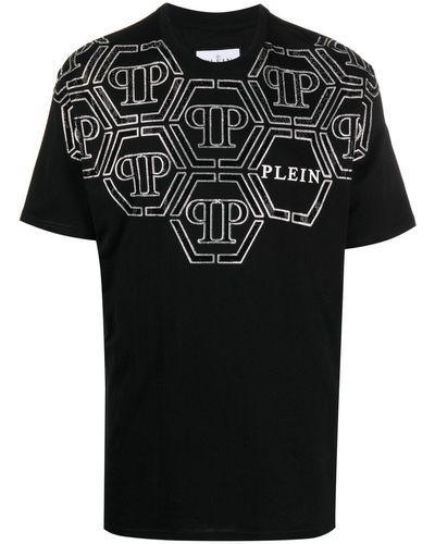 Philipp Plein T-shirt SS Hexagon à ornements strassés - Noir