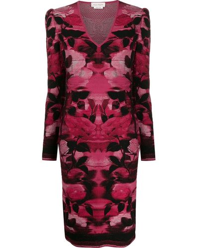 Alexander McQueen Blurred Rose Jacquard Fitted Dress - レッド