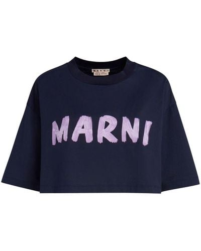 Marni T-shirt crop en coton à logo imprimé - Bleu