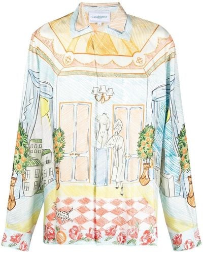 Casablancabrand Illustration-style Print Silk Shirt - Natural