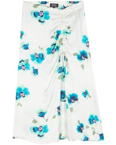 A.P.C. Floral-Print Satin Skirt - Blue