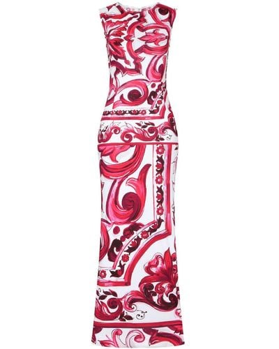 Dolce & Gabbana Abito lungo con stampa maioliche - Rosso