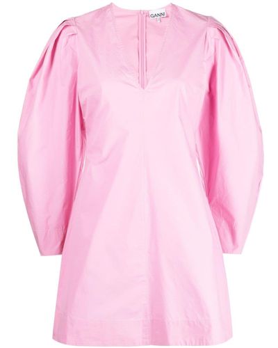 Ganni Puff-sleeves Organic Cotton Minidress - Pink