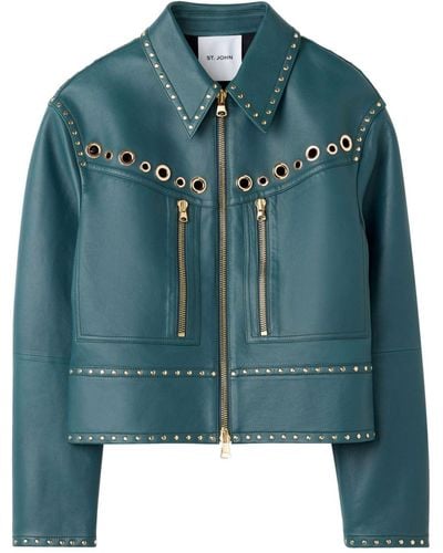 St. John Eyelet-embellished Leather Jacket - Blue