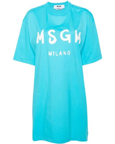 MSGM Logo-print Cotton T-shirt Dress - Blue