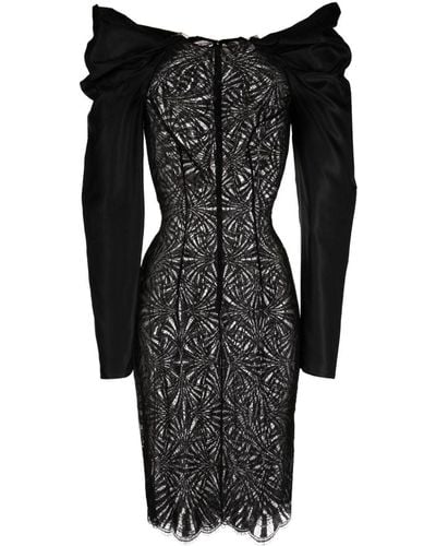 Saiid Kobeisy Lace-panel Shantung Midi Dress - Black