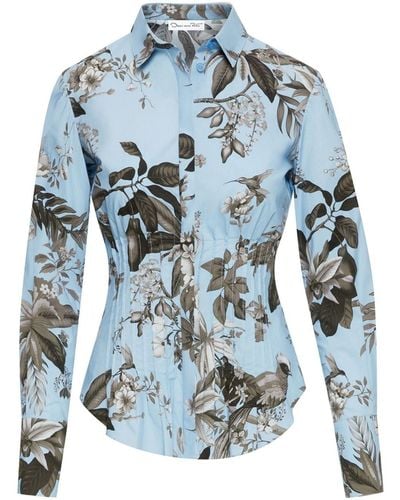 Oscar de la Renta Floral-print Pleat-detail Shirt - Blue