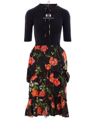 Balenciaga Floral-print Half-sleeves Midi Dress - Black