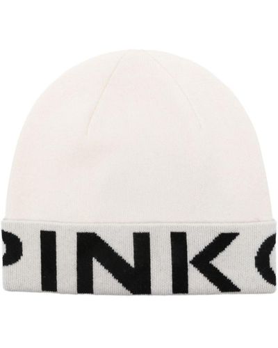 Pinko Intarsia Knit-logo Two-tone Beanie - White