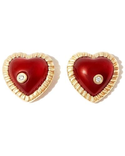 Yvonne Léon 9kt Yellow Gold Agate Diamond Heart Stud Earrings - Red