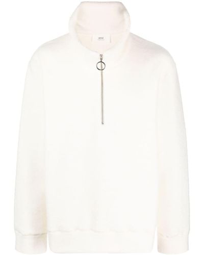 Ami Paris Stand-up Collar Zip-up Sweater - White