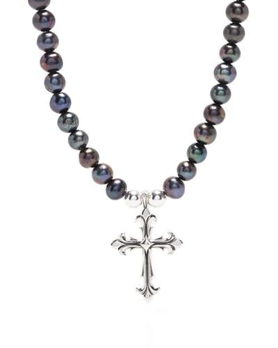 Emanuele Bicocchi Black Pearl Necklace With Fleury Cross - Metallic