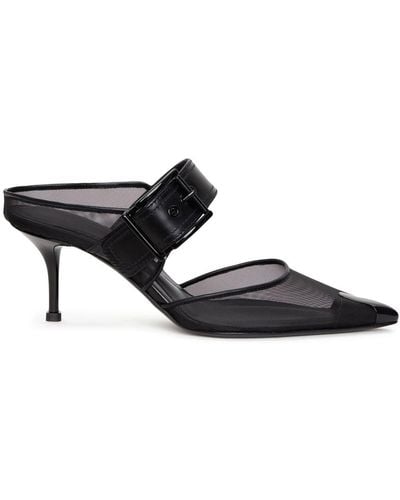 Alexander McQueen Punk Buckled Mesh And Leather Mules - Black