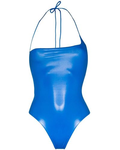 The Attico Sheen Crossover Halterneck Swimsuit - Blue