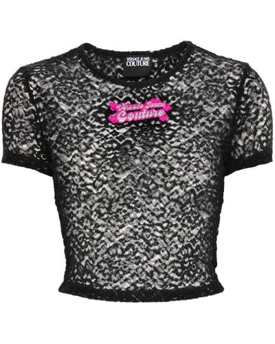 Versace T-shirt en dentelle fleurie à logo appliqué - Noir