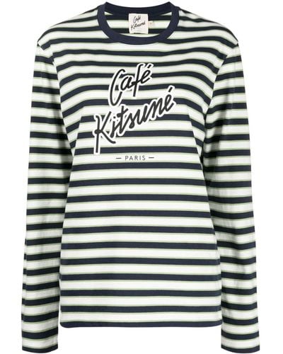 Café Kitsuné Logo-print Striped Cotton T-shirt - Grey