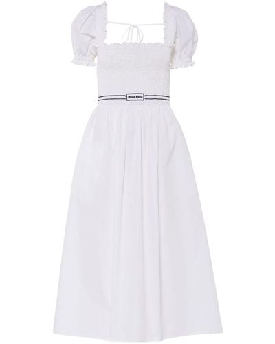 Miu Miu Logo-embroidered Shirred Cotton Dress - White