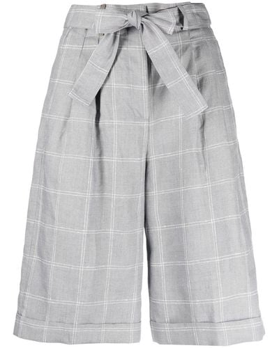 Peserico Checked Belted Cotton Shorts - Grey