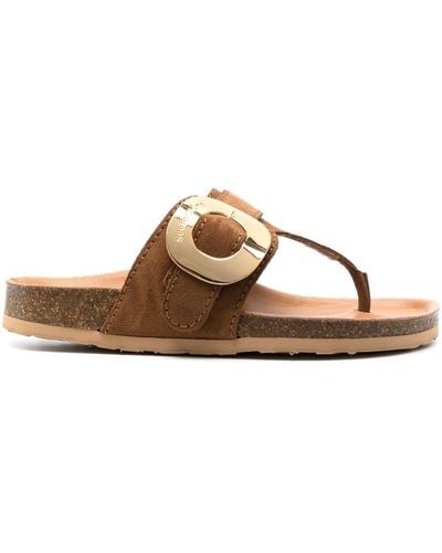 See By Chloé Gold-tone Plaque Suede Slides - Brown