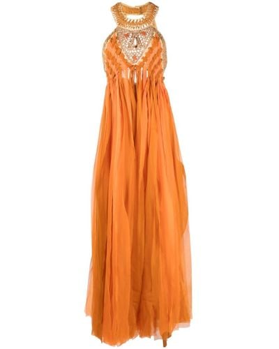 Alberta Ferretti Stone-embellished Fringed Maxi Dress - Orange