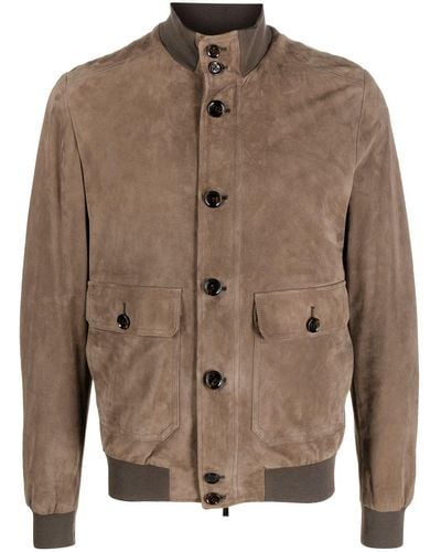 Moorer Ribbed Long-sleeve Leather Jacket - Brown