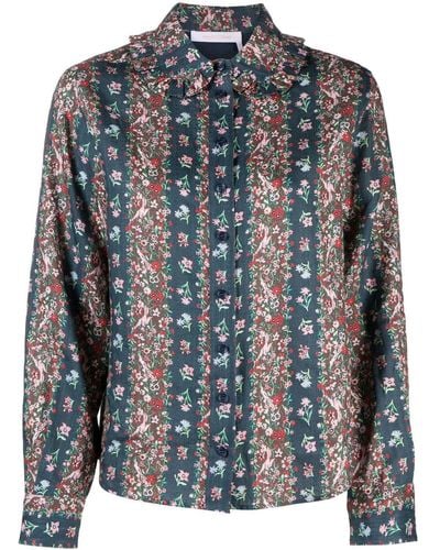 See By Chloé Floral-print Ruffle-collar Shirt - Gray