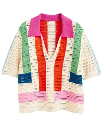 Chinti & Parker Capri Striped Crochet-stitch Polo Shirt - Pink