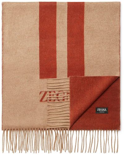Zegna Logo-intarsia fringed mulberry-silk scarf - Marrón