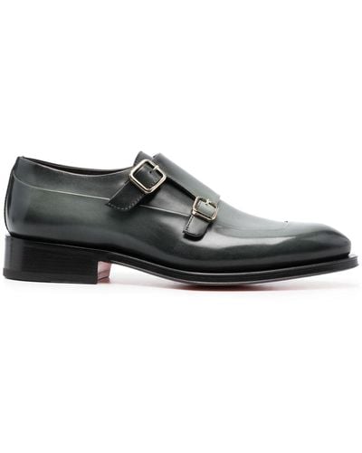 Santoni Almond-toe Leather Monk Shoes - Black