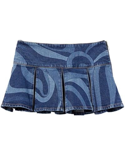 Emilio Pucci Abstract-print Pleated Denim Skirt - Blue