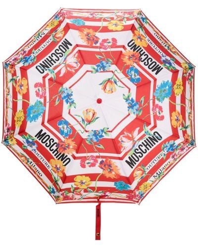 Moschino Gestreifter Regenschirm mit Blumen-Print - Rot