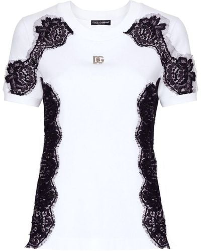 Dolce & Gabbana T-shirt en coton mélangé à détails de dentelle - Blanc