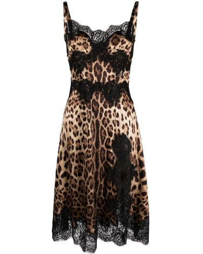 Dolce & Gabbana Kleid Aus Charmeuse Aus Einer Seidenmischung Mit Leopardenprint Und Spitzenbesatz - Schwarz