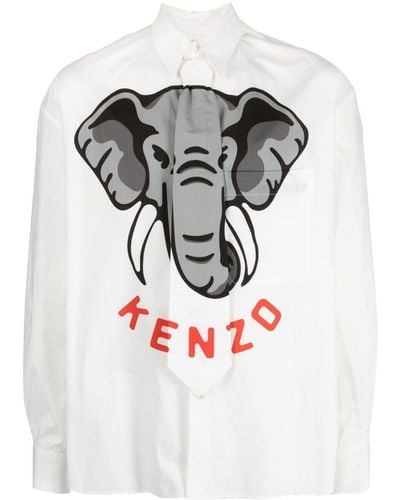 KENZO Elephant-print Tie-detail Shirt - Gray