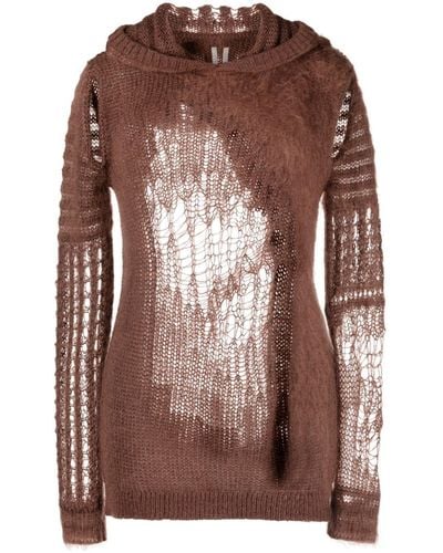 Rick Owens Perforated-design Knitted Hoodie - Brown