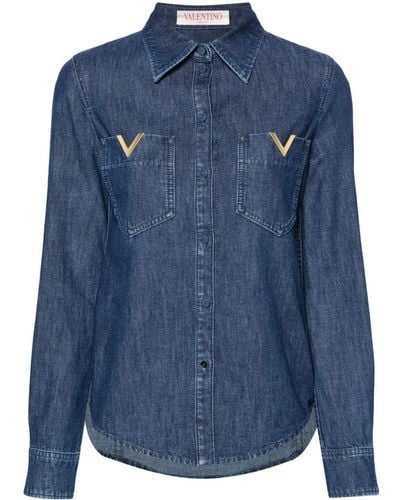 Valentino Garavani Chemise en jean à plaque logo - Bleu