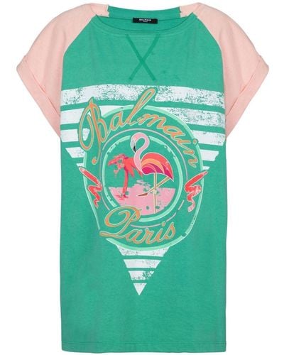 Balmain Flamingo-print Cotton T-shirt - Green