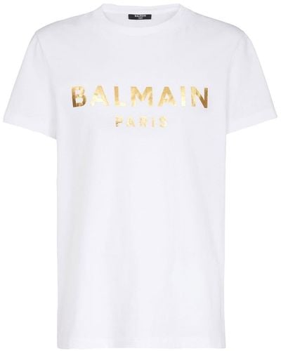 Balmain T-shirt Met Metallic Gouden Logo Van - Wit